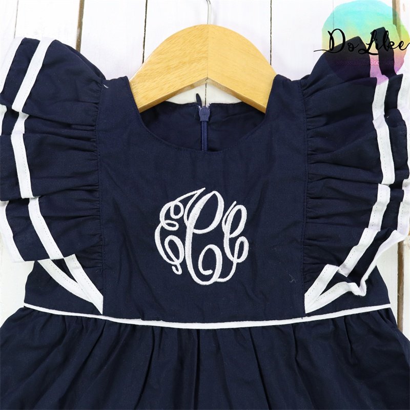 Embroidery flutter sleeve baby rompers spring custom fabric children clothing hot selling solid navy girls romper clothes