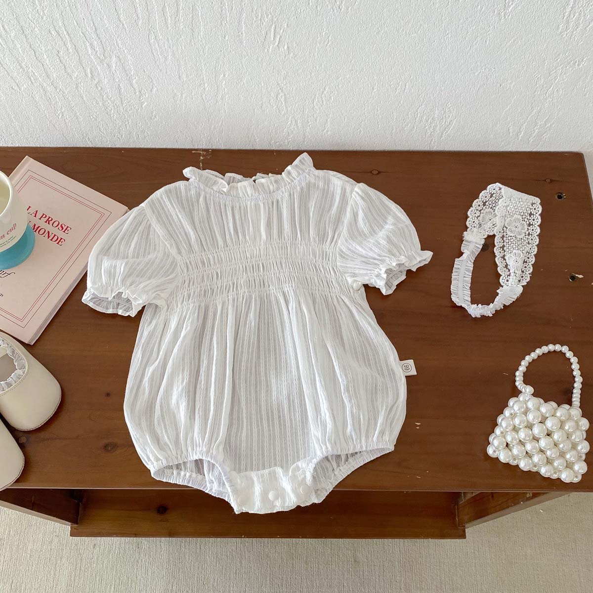 Ins Hot Baby summer short sleeve palace lace floral jumpsuit sweet princess smocked newborn girls baby romper with hairband