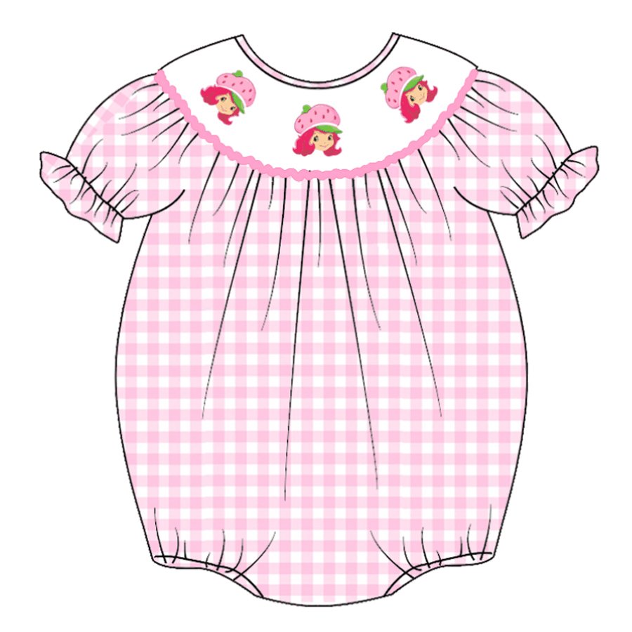 Infant Baby Girls Pink White Plaid Smocked Cartoon Embroidery Bubbles Romper Customized Kids Clothes Kids Smocked Clothing