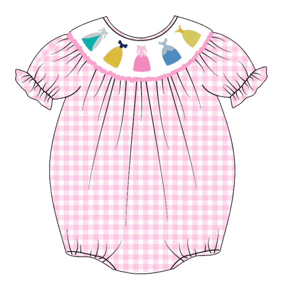 Infant Baby Girls Pink White Plaid Smocked Cartoon Embroidery Bubbles Romper Customized Kids Clothes Kids Smocked Clothing