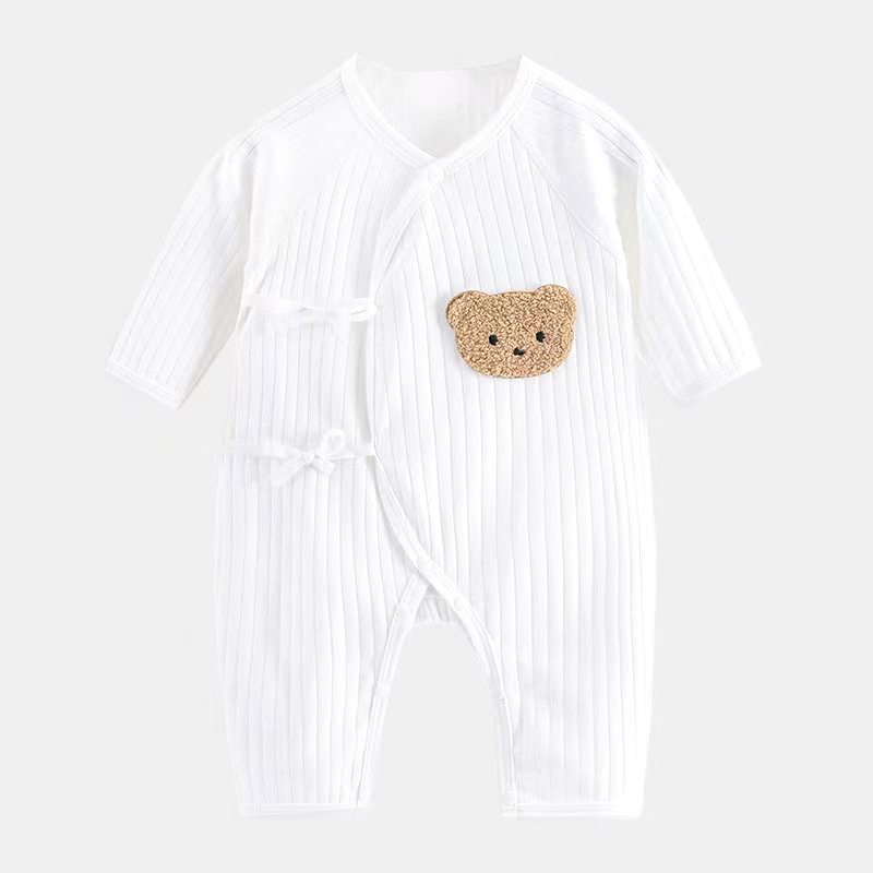 Wholesale newborn snap button lace-up cute bear design solid color striped 100% cotton long sleeve baby romper