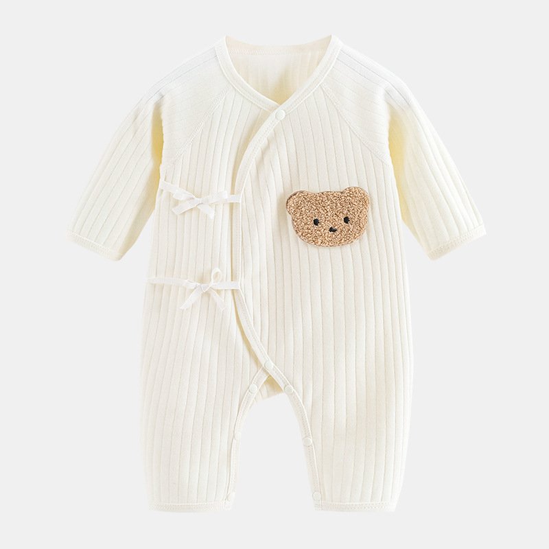 Wholesale newborn snap button lace-up cute bear design solid color striped 100% cotton long sleeve baby romper
