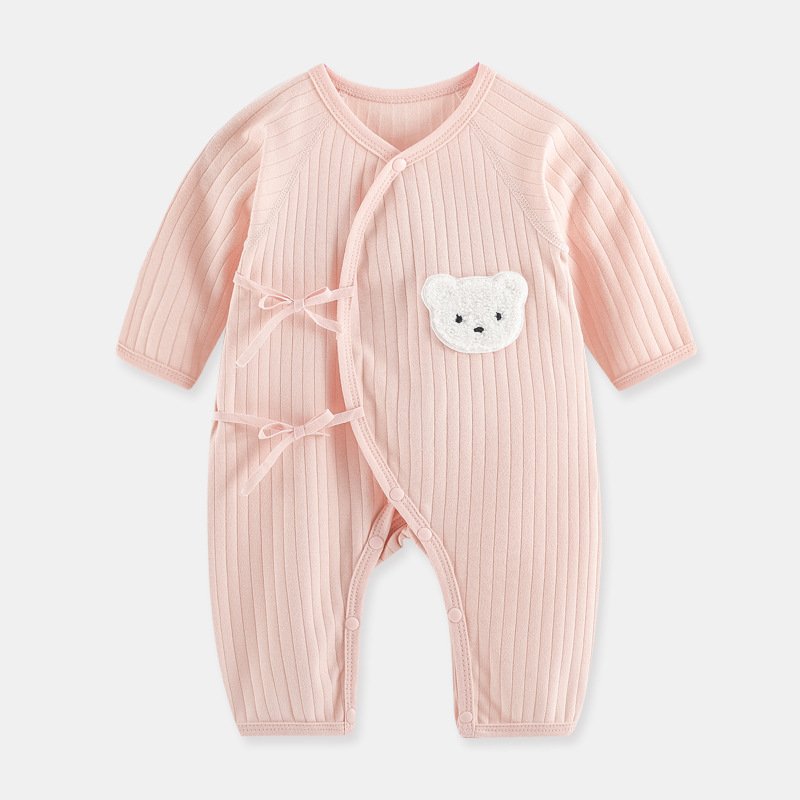 Wholesale newborn snap button lace-up cute bear design solid color striped 100% cotton long sleeve baby romper