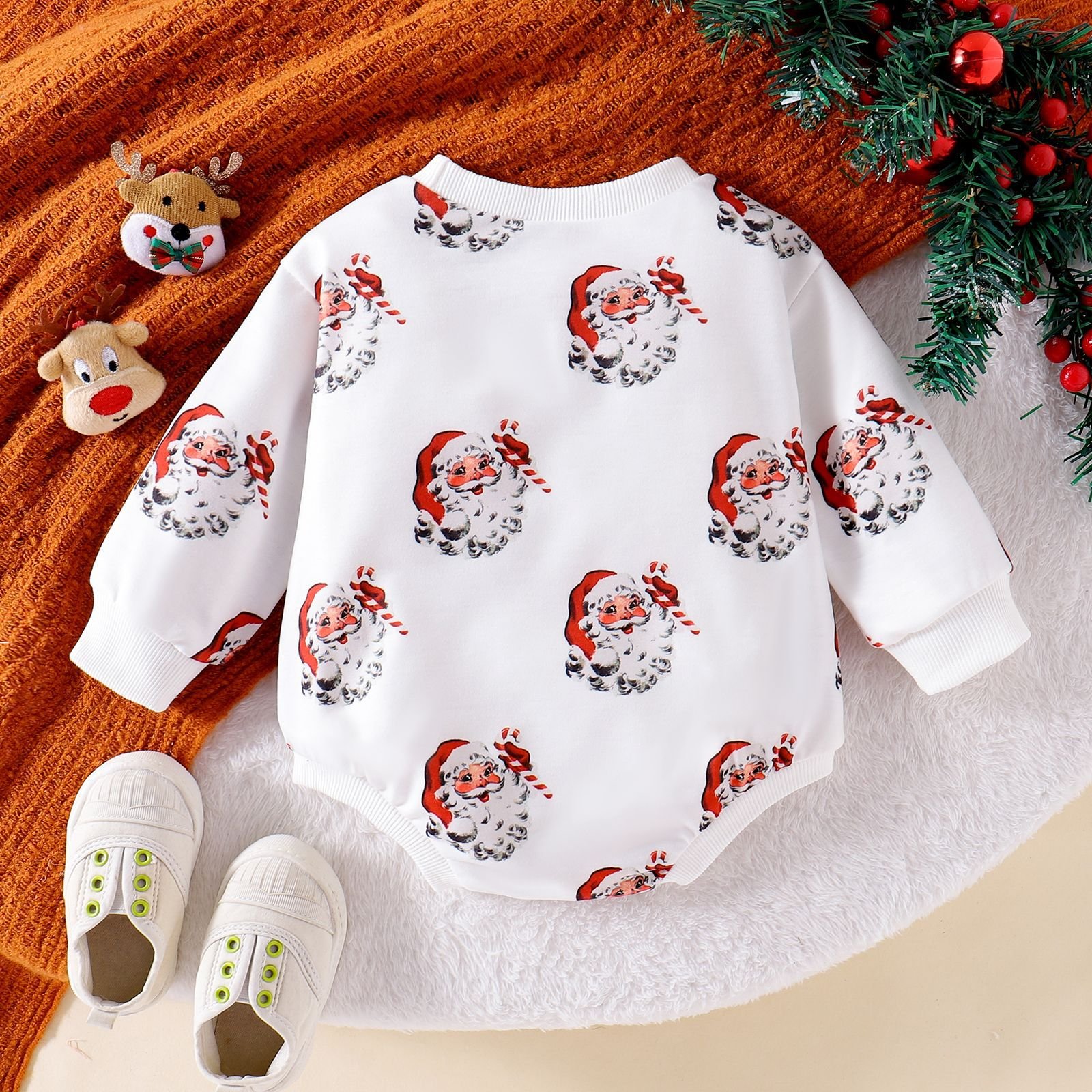 Christmas jumpsuit Baby cartoon printed round neck long sleeve triangle crawl baby clothes christmas baby romper