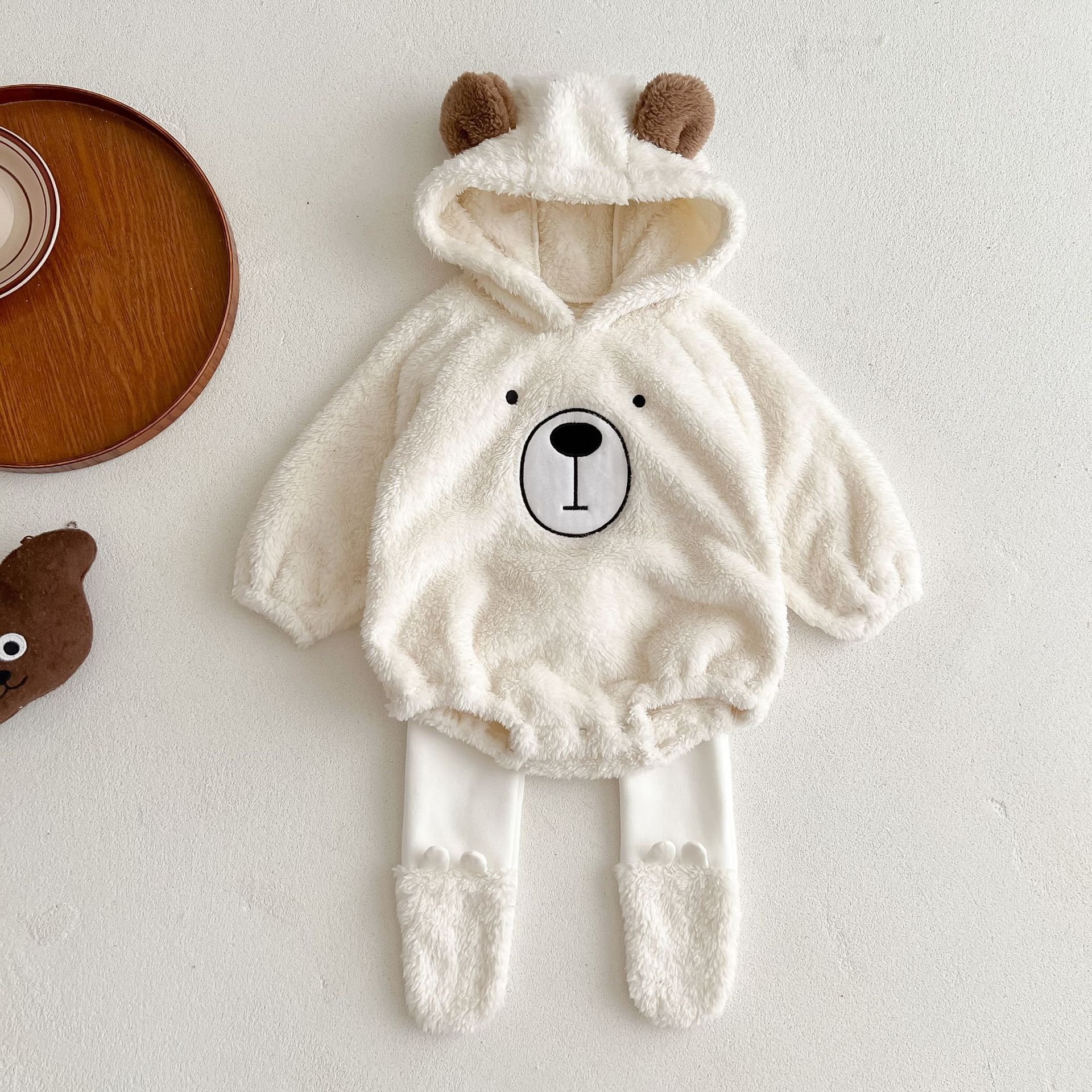 Rarewe New Design Girl Boy Toddler Winter Kids Fleece Winter Sweater Animal Long Sleeve Color Block Hooded Baby Rompers