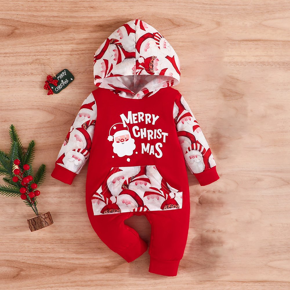 Wholesale newborn festival costume xmas printed infant jumpsuit Merry Christmas baby romper with hooded