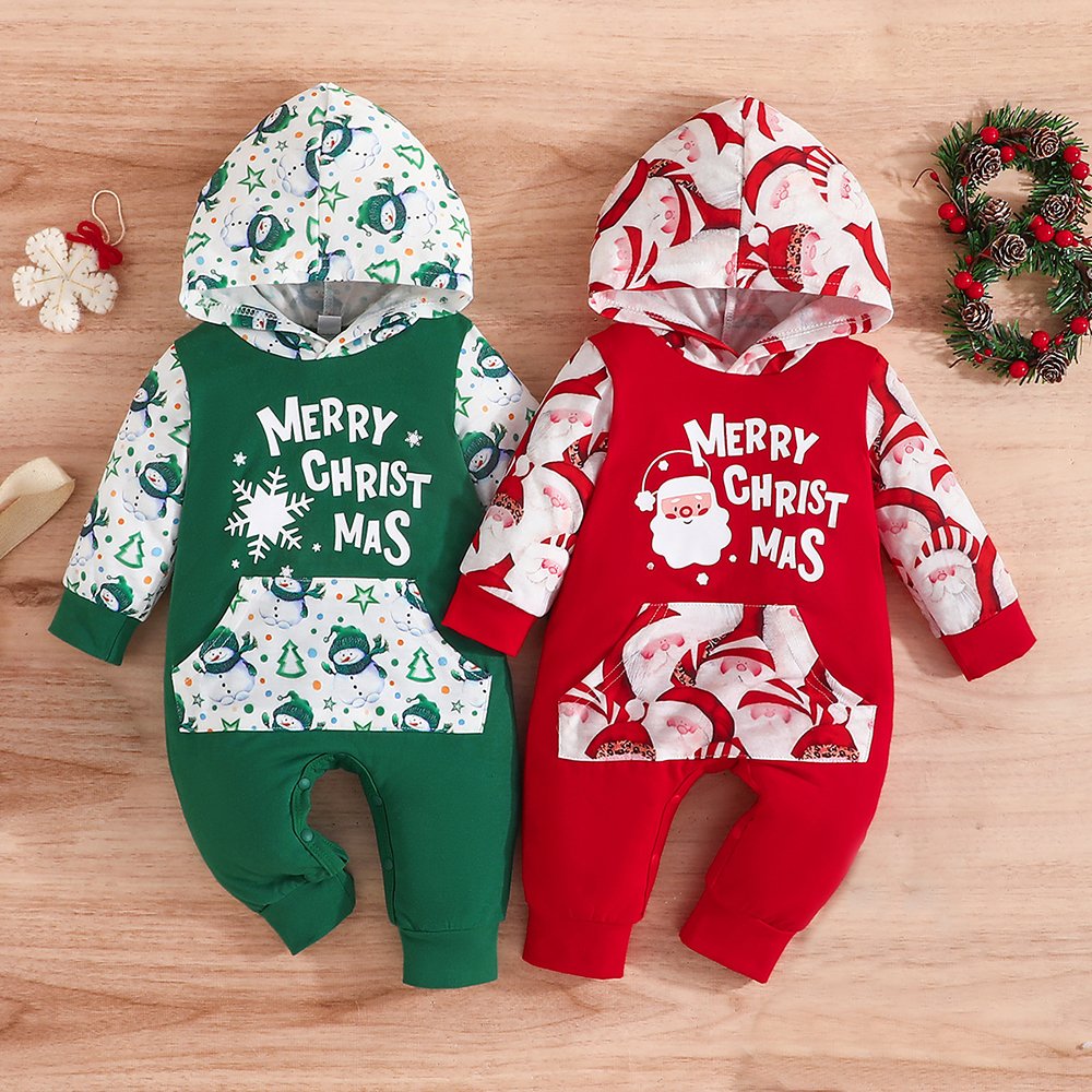 Wholesale newborn festival costume xmas printed infant jumpsuit Merry Christmas baby romper with hooded