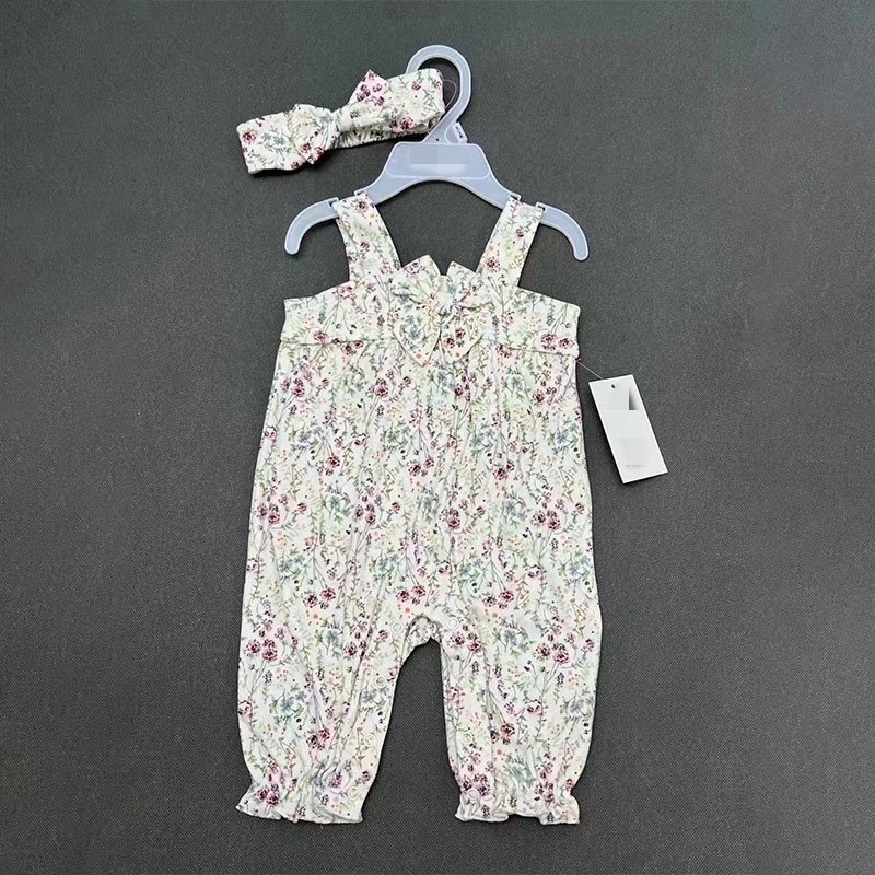 2pcs Summer Newborn Infant Toddler Clothes Cotton Floral Girls Suspender Jumpsuit Baby Romper With Hairband