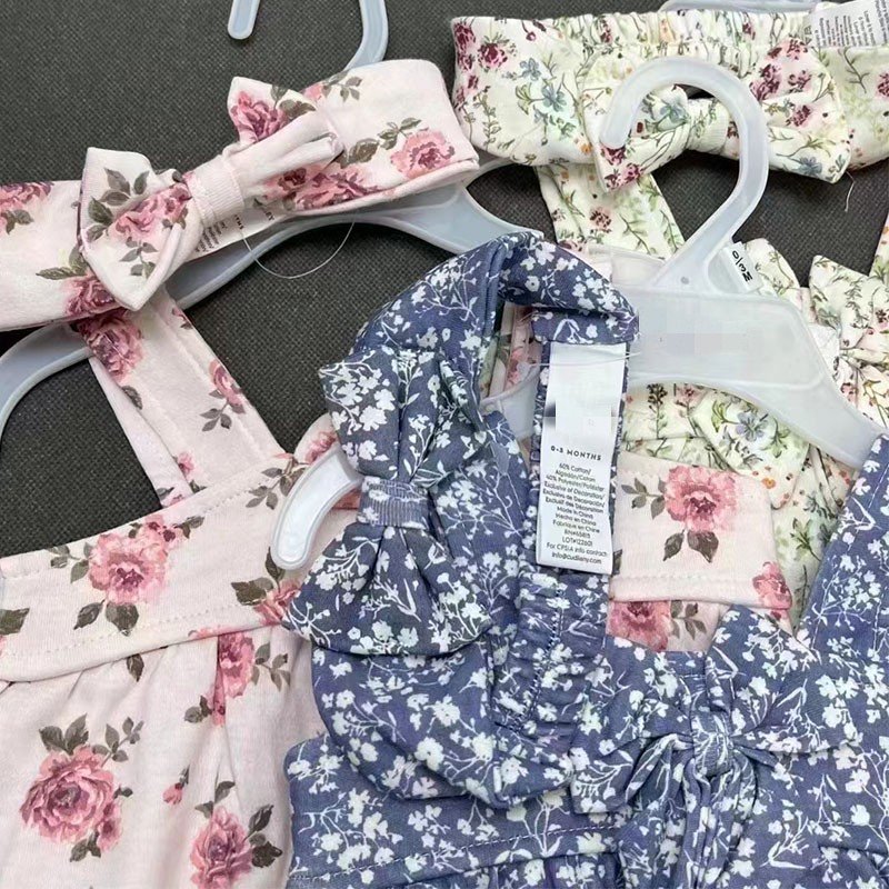 2pcs Summer Newborn Infant Toddler Clothes Cotton Floral Girls Suspender Jumpsuit Baby Romper With Hairband
