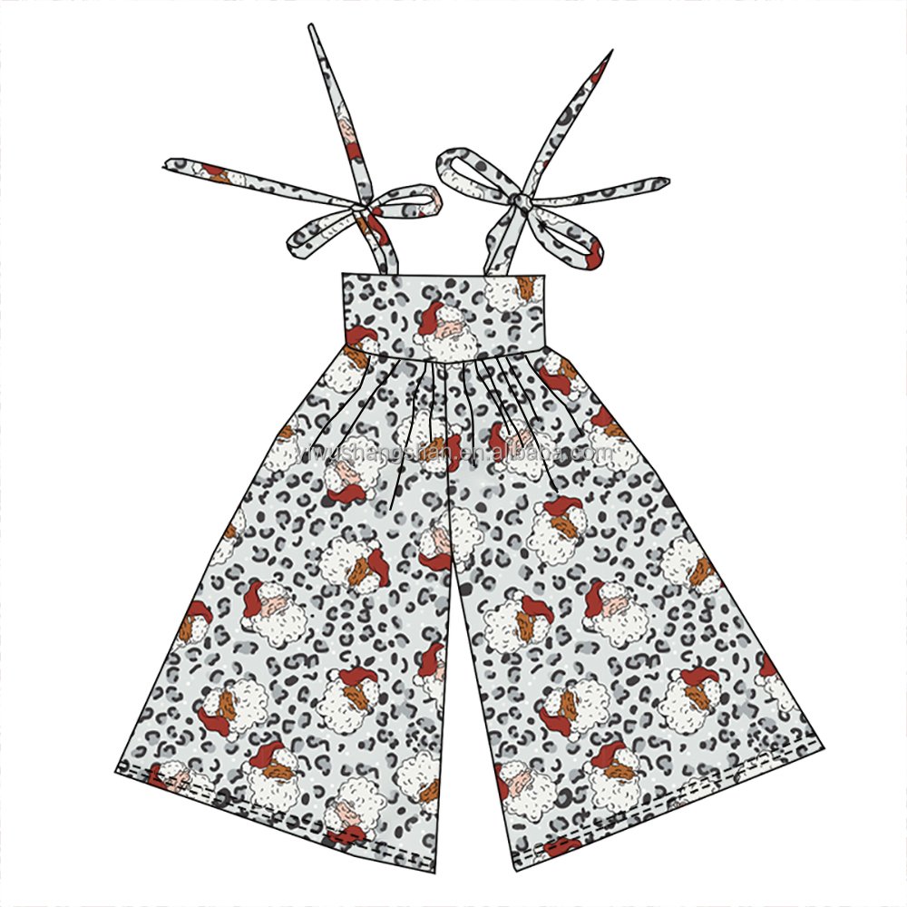 Boutique Baby Girls Lace Up Jumpsuits Customized Santa Christmas Design Kids Wide Leg Overalls Rompers
