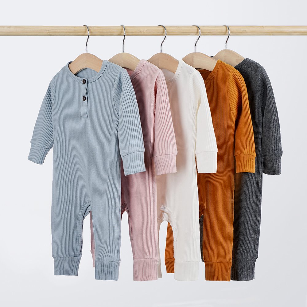 95% Organic Cotton 5% Spandex Plain 5 Colors Snap Button Long Sleeve 4X2 Ribbed Non-slip Bodysuit Newborn Pajamas Baby Rompers