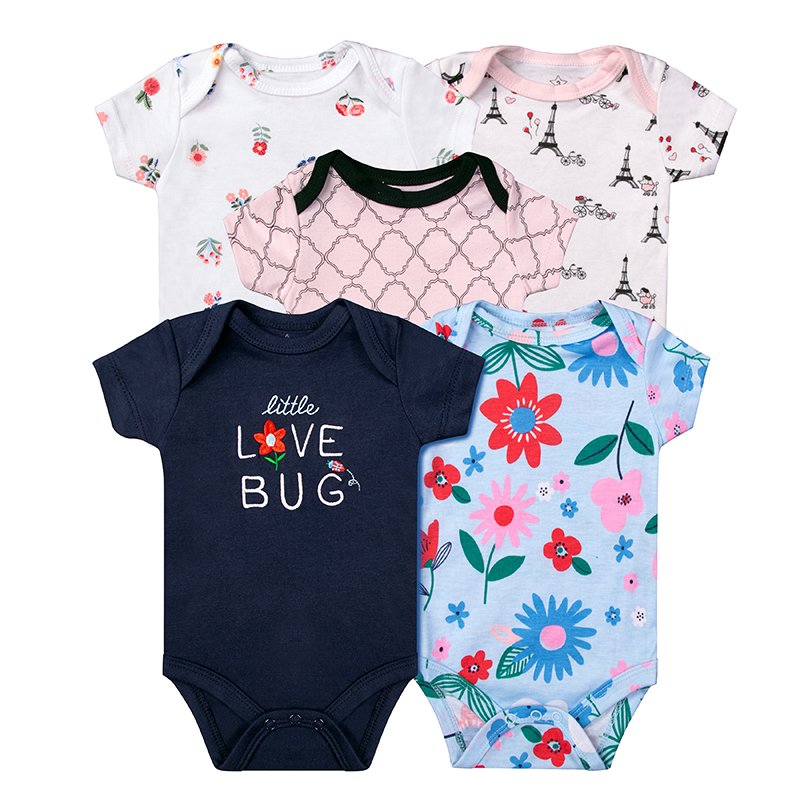 Wholesale Infant High Quality Romper 5pcs Clothing Set Summer Short Sleeve Cotton pajamas bodysuits onesie Body newborn baby