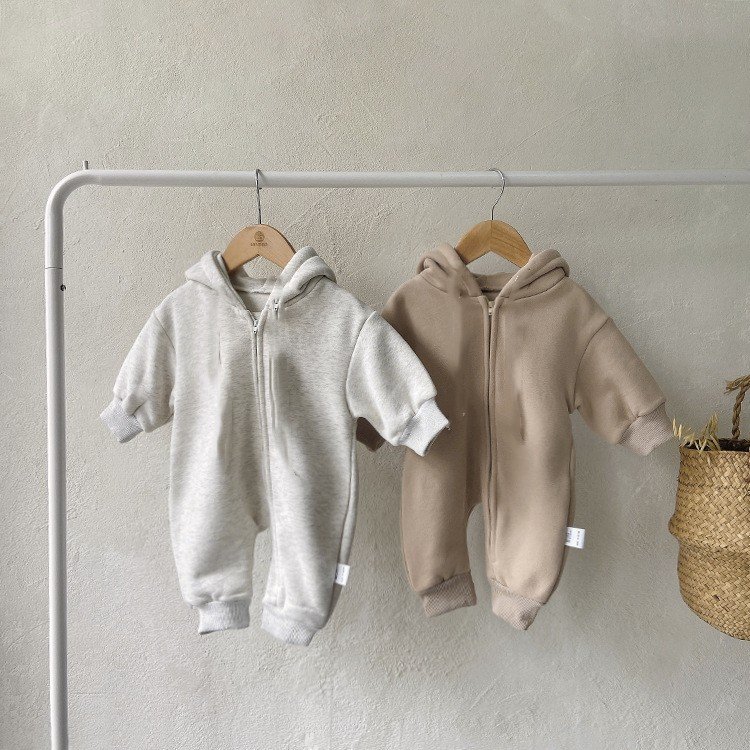 Newborn baby thick autumn hooded bodysuit baby diagonal zipper jumpsuit baby clothes