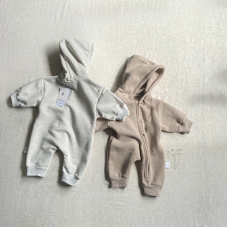 Newborn baby thick autumn hooded bodysuit baby diagonal zipper jumpsuit baby clothes