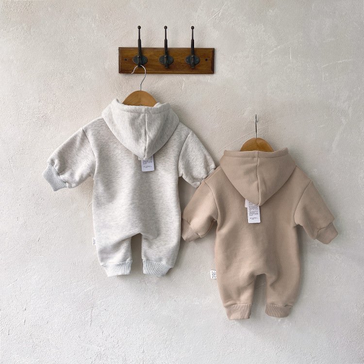 Newborn baby thick autumn hooded bodysuit baby diagonal zipper jumpsuit baby clothes