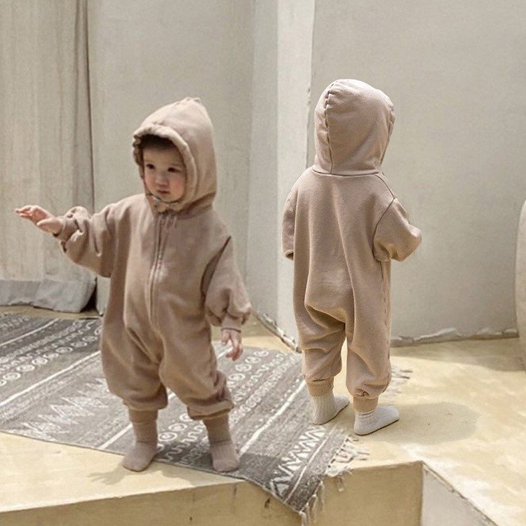 Newborn baby thick autumn hooded bodysuit baby diagonal zipper jumpsuit baby clothes
