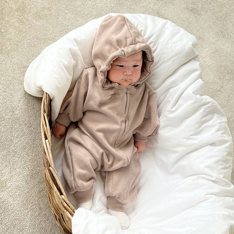 Newborn baby thick autumn hooded bodysuit baby diagonal zipper jumpsuit baby clothes