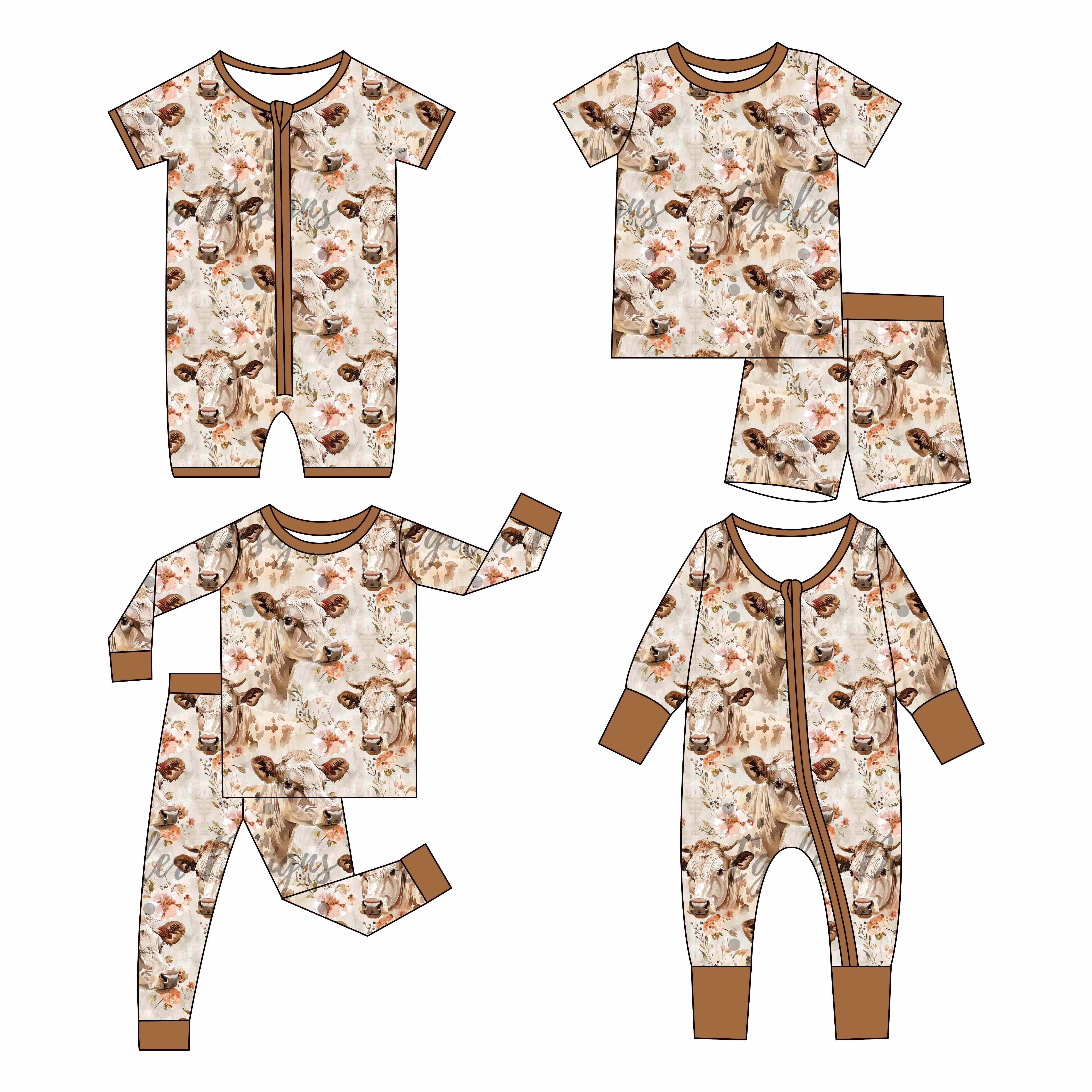 High quality summer breathable custom animal printed 2pcs baby bamboo romper with zipper