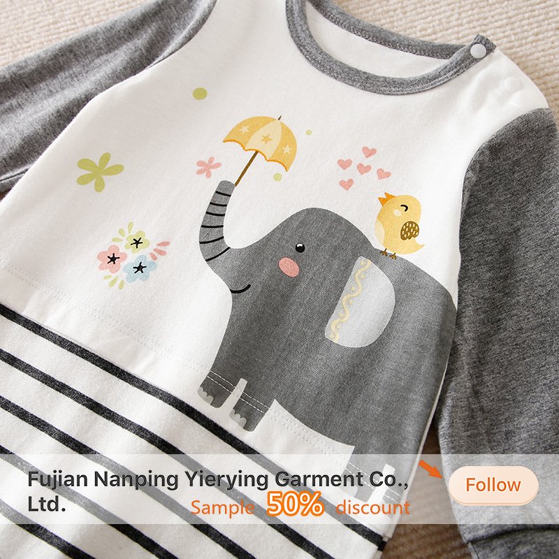 Hot Sale Wholesale Long Sleeve Baby Jumpsuit Cartoon Striped Grey Newborn Clothes Pullover Round Neck Spring Autumn