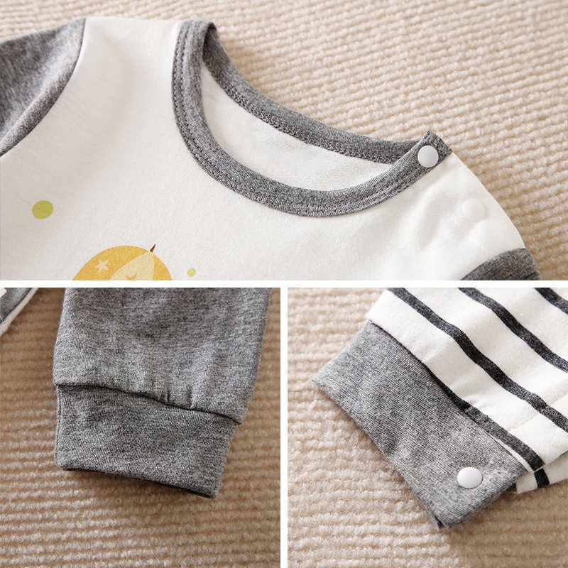 Hot Sale Wholesale Long Sleeve Baby Jumpsuit Cartoon Striped Grey Newborn Clothes Pullover Round Neck Spring Autumn