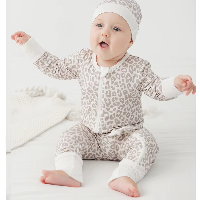 2024 Newborn Baby Infant Organic 95% Bamboo 5% Spandex leopard print Rompers zipper custom Clothes Toddler Kid Pajamas