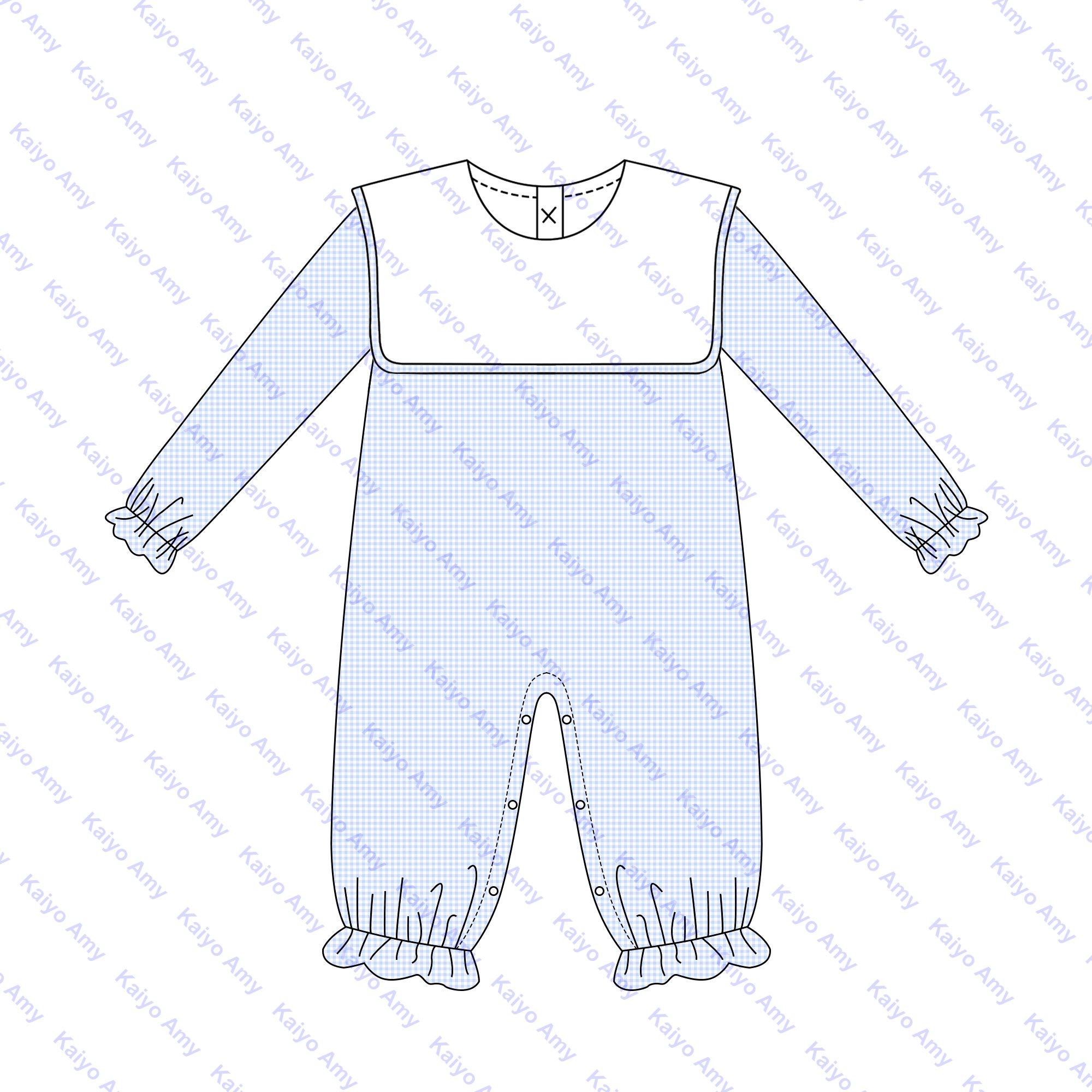 New design bib collar baby overalls woven micro gingham longalls one piece jumpsuit puffy sleeve winter baby girl long romper