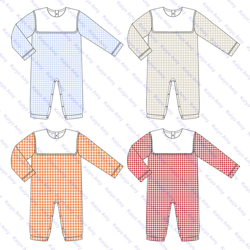 New design bib collar baby overalls woven micro gingham longalls one piece jumpsuit puffy sleeve winter baby girl long romper