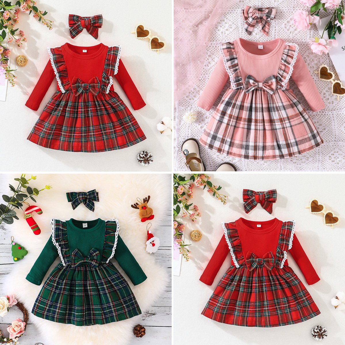 Girls Winter Clothes Long Sleeve Dress Autumn Winter Children Christmas Checkered Clothes Baby Red Dress A-line Dress Hairband