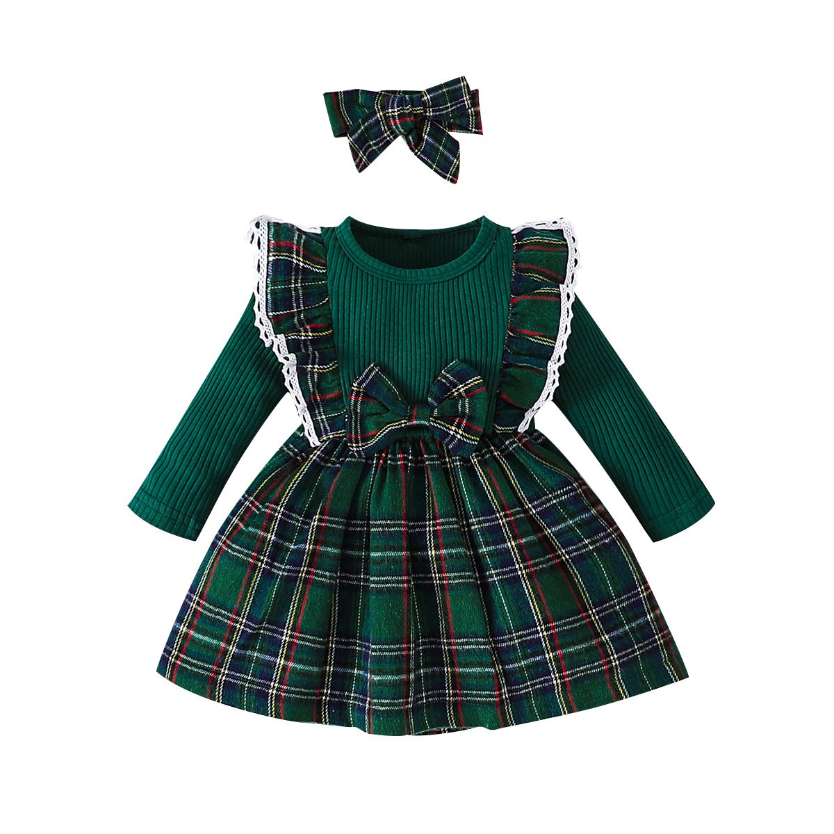 Girls Winter Clothes Long Sleeve Dress Autumn Winter Children Christmas Checkered Clothes Baby Red Dress A-line Dress Hairband