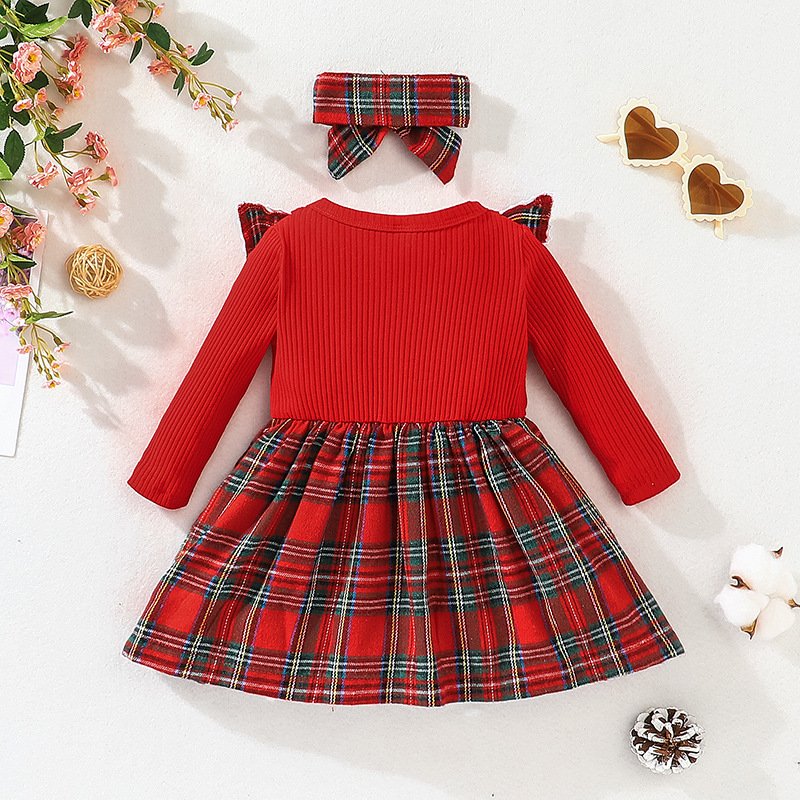 Girls Winter Clothes Long Sleeve Dress Autumn Winter Children Christmas Checkered Clothes Baby Red Dress A-line Dress Hairband