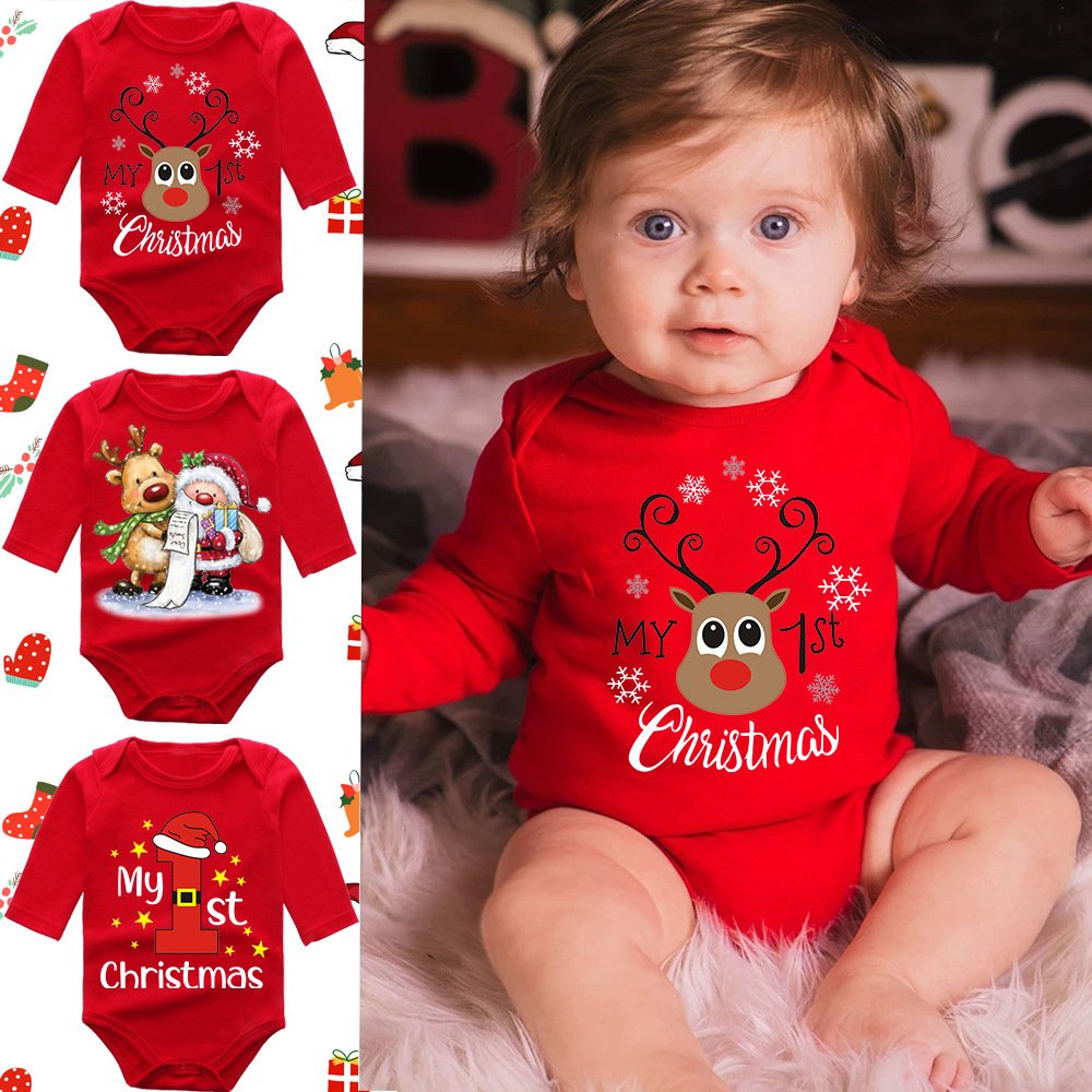 Christmas Costume Baby Red Cotton Long Sleeve Newborn Romper Bodysuit Party Costume