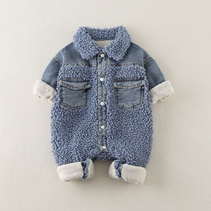 Wholesale 2024 Winter Baby Clothing Korean Trend Denim Style Solid Color Thick Long-Sleeved Baby Rompers