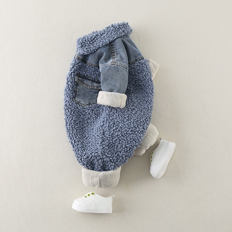 Wholesale 2024 Winter Baby Clothing Korean Trend Denim Style Solid Color Thick Long-Sleeved Baby Rompers