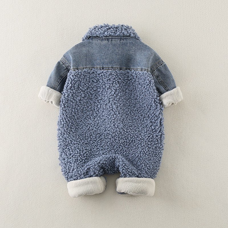 Wholesale 2024 Winter Baby Clothing Korean Trend Denim Style Solid Color Thick Long-Sleeved Baby Rompers