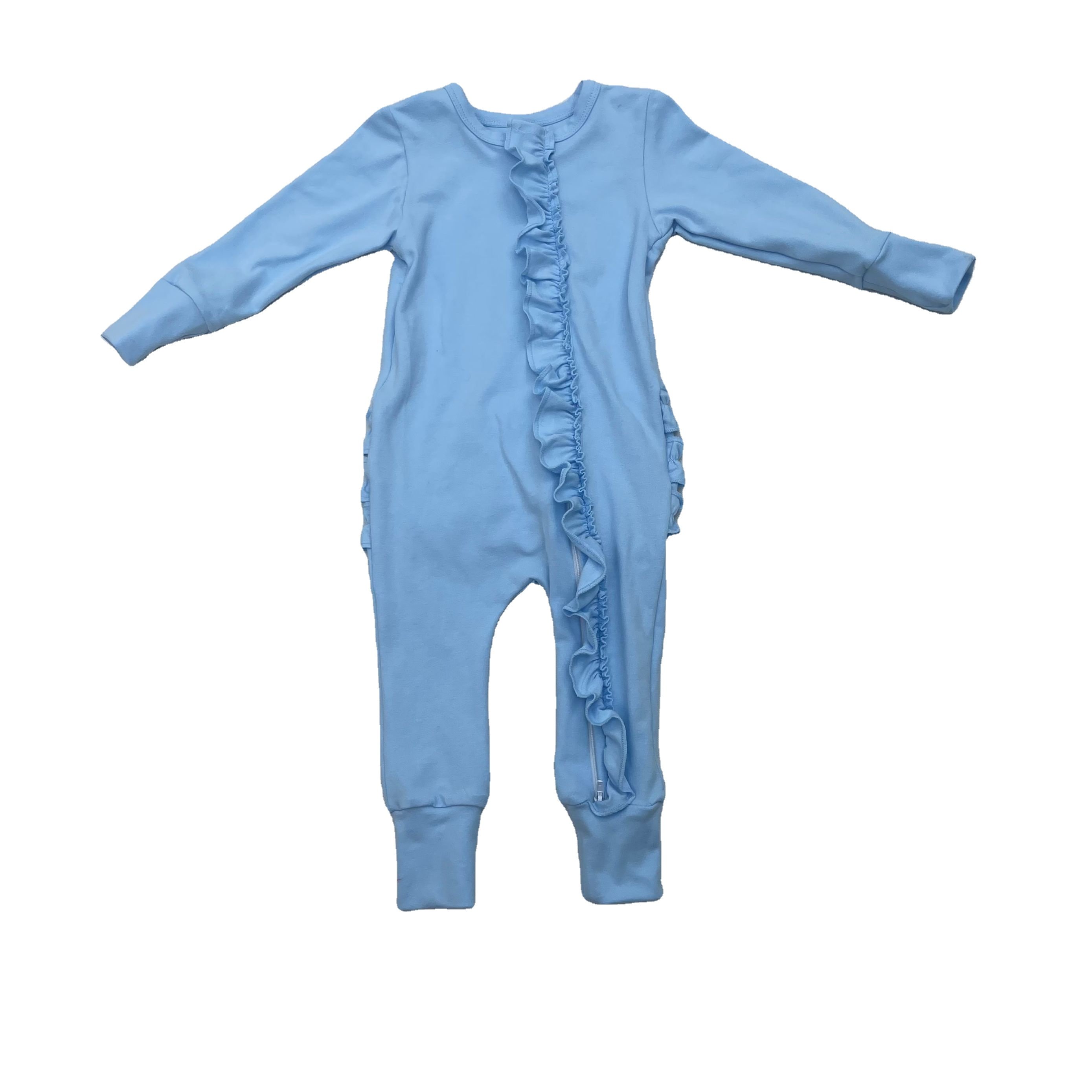 Qingli OEM Solid Color Waffle Baby Rompers Newborn Baby Clothes Girls Custom Onesie Zippy With Ruffle