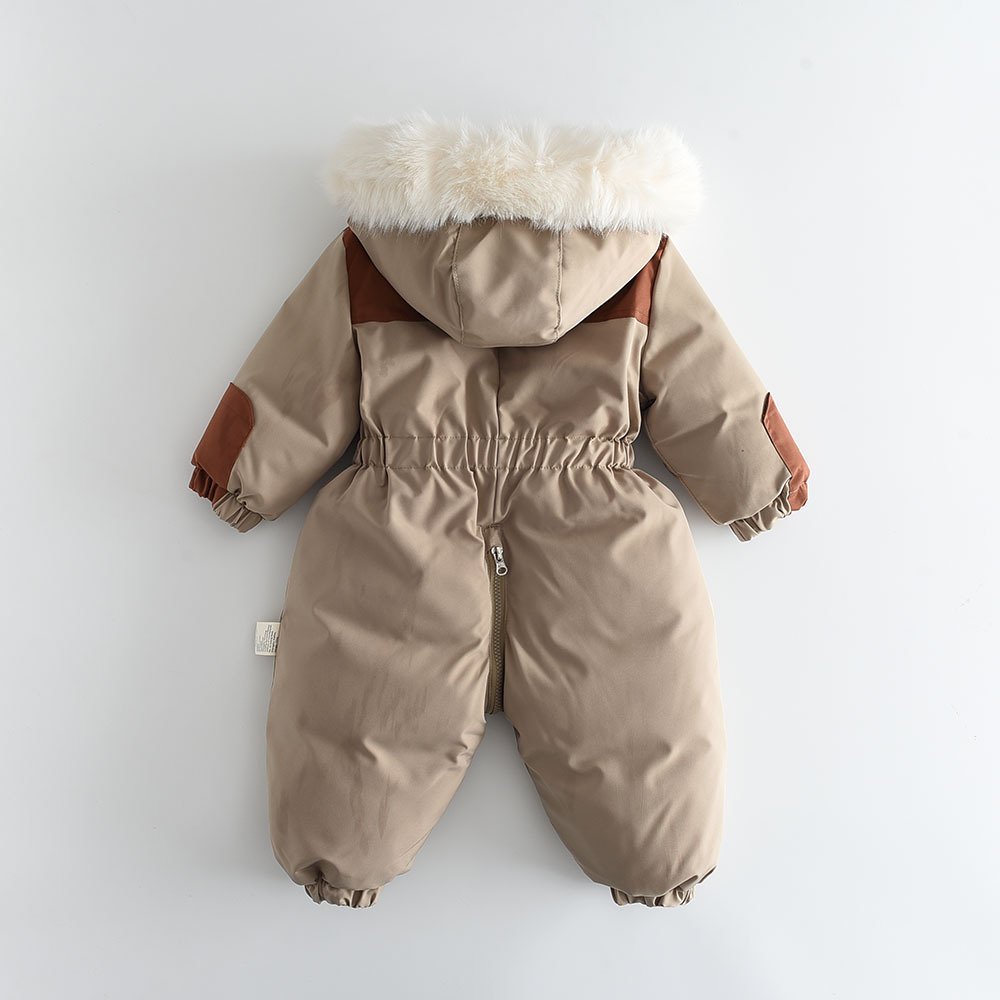 90-120cm Men's And Women's Baby Winter New Color Matching Big Hair Collar With Wool Thickened Ski Suit Climbing Suit Onesie