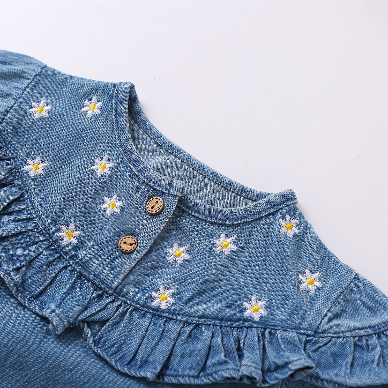 Top Fashion Long Sleeve Autumn Baby Rompers Soft Denim Bodysuit Ruffle And Embroidery