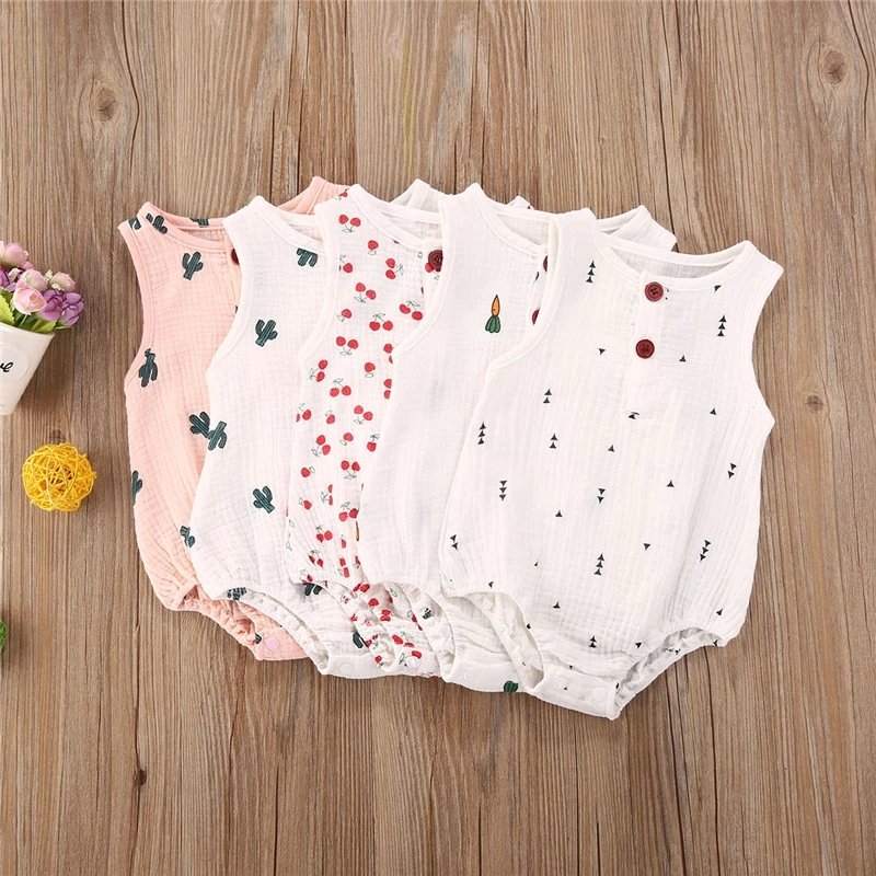 Baby Girls Simple Sleeveless Newborn Jumpsuits Baby Romper Print 0-24 Month Summer 100% Organic Cotton Unisex Baby Onesie 10000