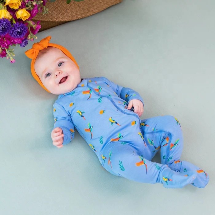 97% Bamboo Rayon 3% Spandex Baby Macaw Zippered Footie