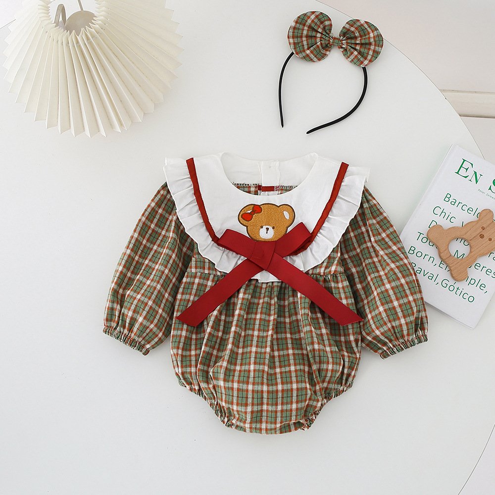 Girl bear plaid Sister Clothes 100% cotton Dress Girl Long Sleeve romper dress