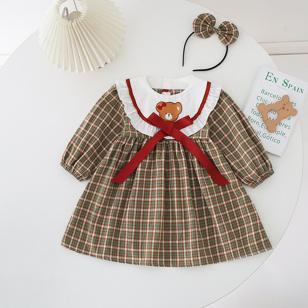 Girl bear plaid Sister Clothes 100% cotton Dress Girl Long Sleeve romper dress