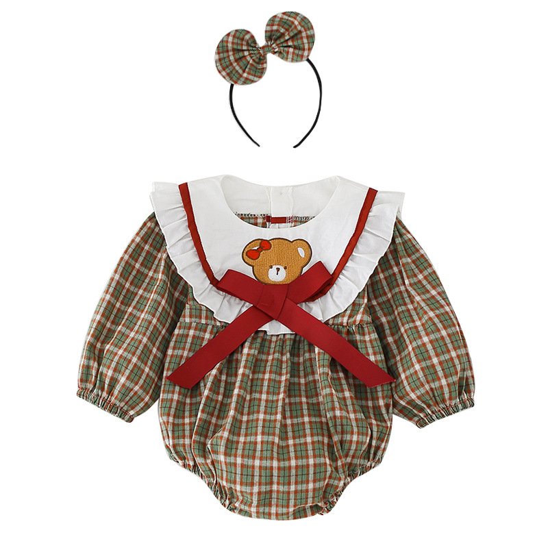 Girl bear plaid Sister Clothes 100% cotton Dress Girl Long Sleeve romper dress