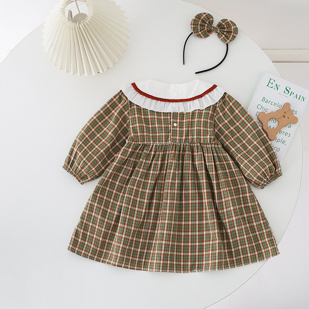 Girl bear plaid Sister Clothes 100% cotton Dress Girl Long Sleeve romper dress