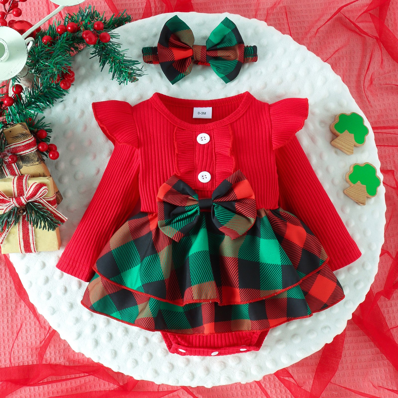 Christmas holiday newborn baby autumn long sleeve sweet print first birthday infant girls clothing set baby rompers