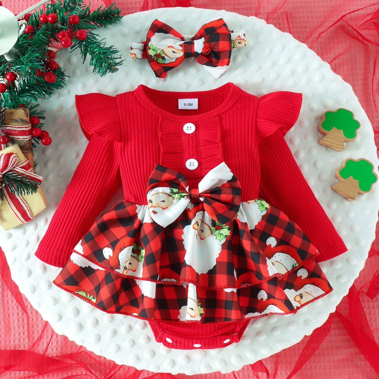 Christmas holiday newborn baby autumn long sleeve sweet print first birthday infant girls clothing set baby rompers