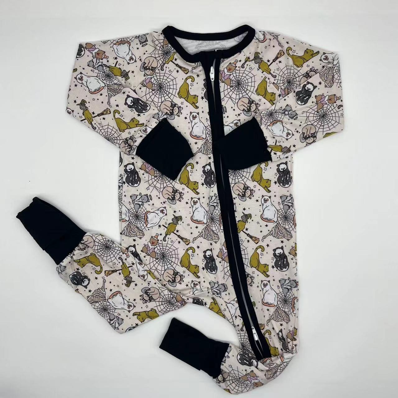 Breathable custom made for Christmas bamboo print unisex custom double zipper baby rompers