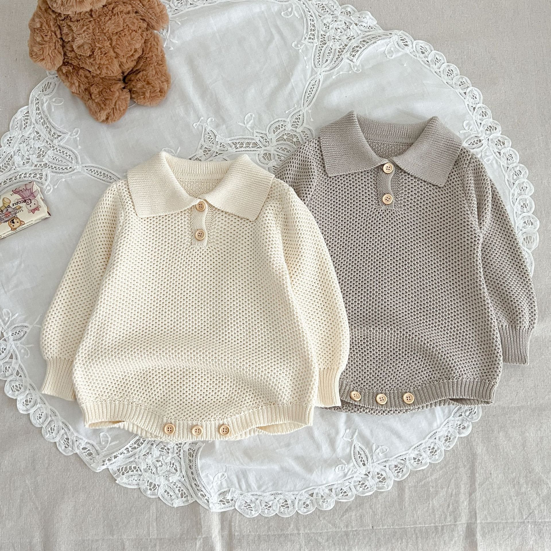 INS Autumn New Boys and Girls Baby romper Solid Color Simple Knitted Bubble Long Sleeve Jumpsuit Baby Clothing