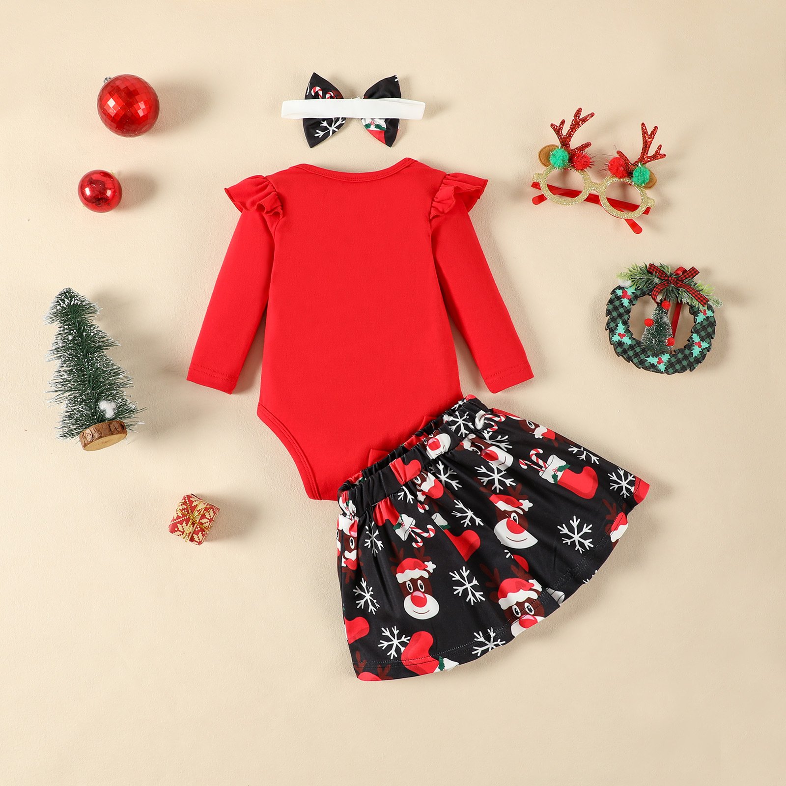 My First Christmas Baby Clothes Full Print Bow Skirt Cute Cotton Romper Jumpsuit Headband Christmas Clothing Set for Baby Girls