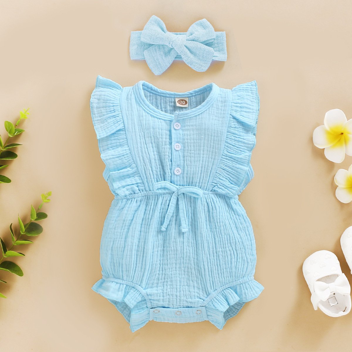 Qufan OEM Flounced Sleeve Infant Toddler Triangle Rompers Baby Flutter Ruffle Sweatshirt Onesie Kid Knitting Rompers Home Wear
