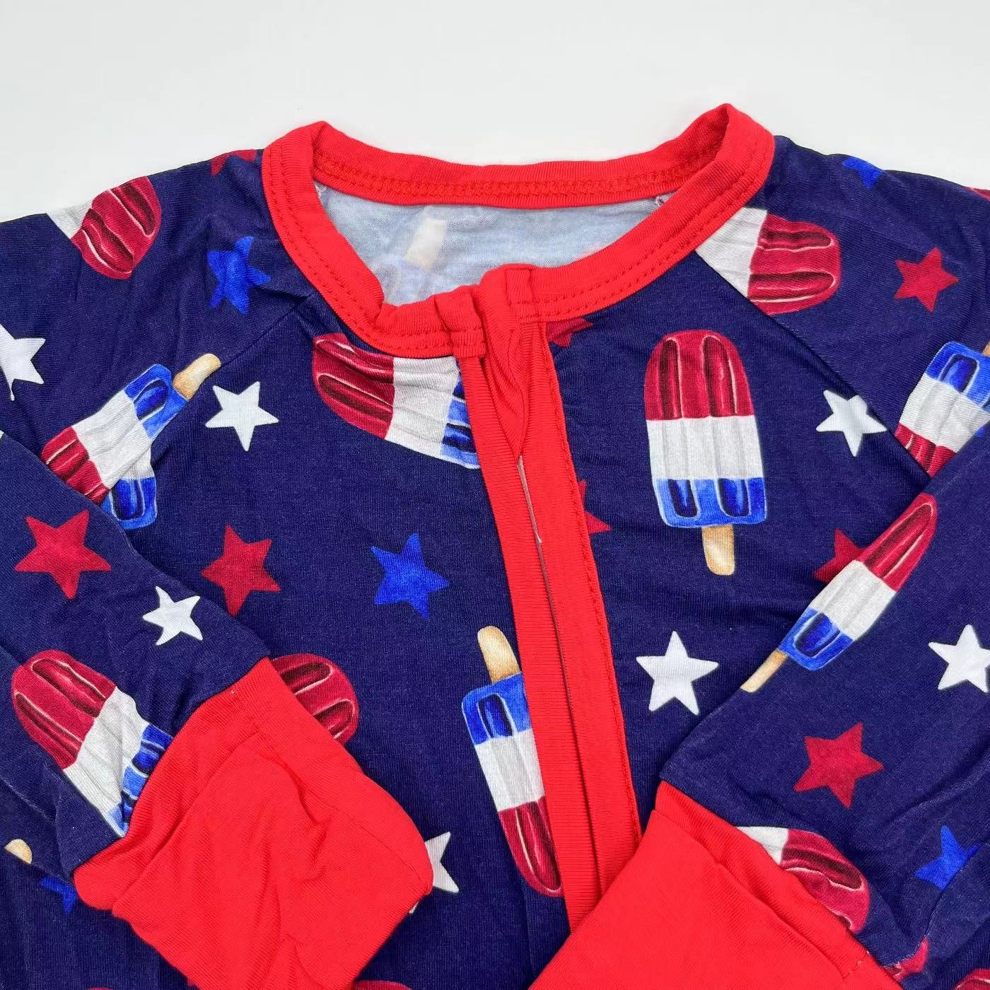 2024 Stylish custom made for Independence Day ice cream printing fiber bamboo zipper baby clothes